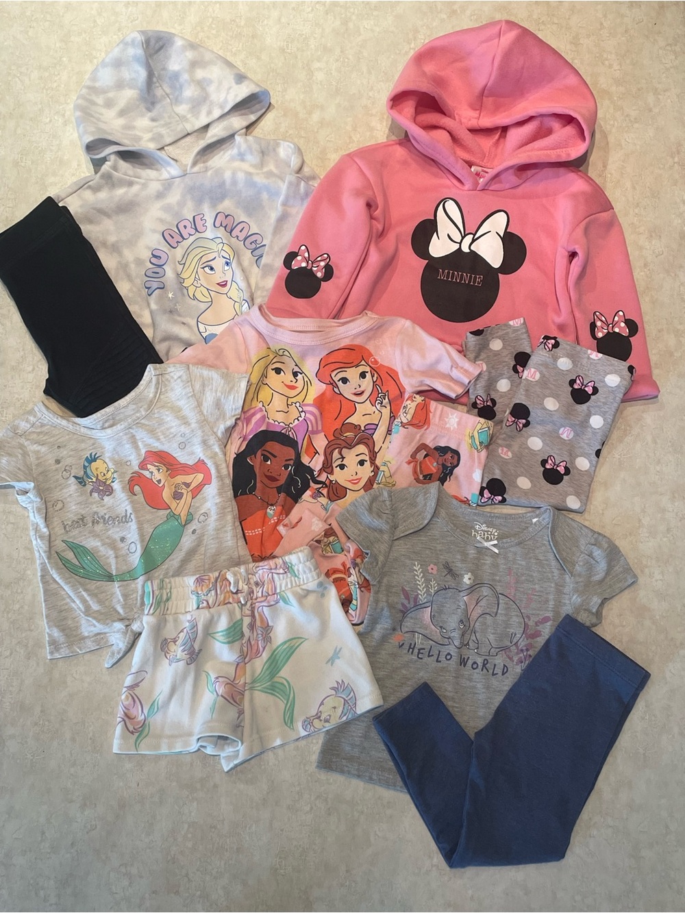 Disney Girls Pink Minnie Hoodie & Princess Pajama Bundle - Pink, Gray, Blue